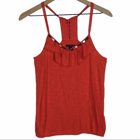 AMERICAN EAGLE Cami Tank Top Embroidered Beads Boho Ruffle Lace Up Back Size XS - Picture 11 of 11